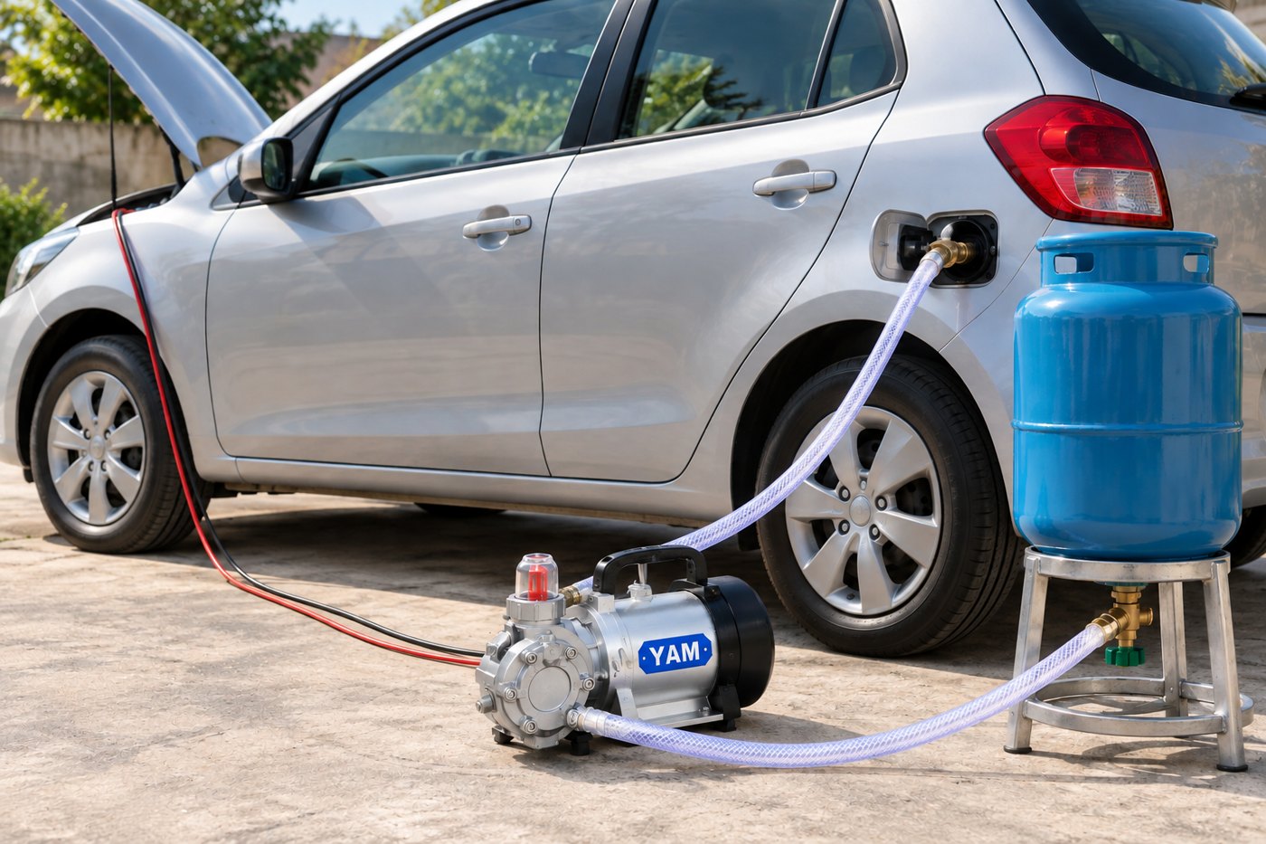 Illustration: the YAM 12V DC pump filling a car LPG tank from an inverted gas cylinder