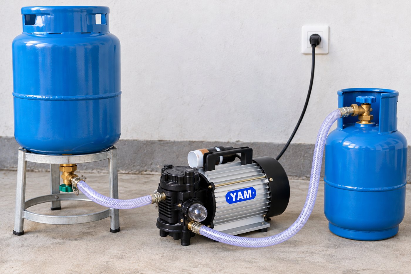Illustration: the YAM 220V AC pump filling a small cylinder from an inverted large cylinder